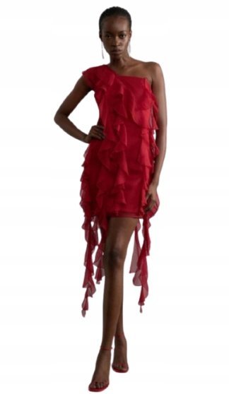 KAREN MILLEN TALL CZERWONA SUKIENKA ASYMETRYCZNA Z FALBANĄ 38 B1C