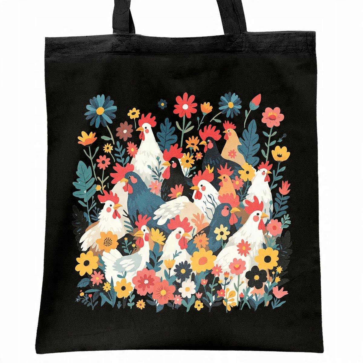 Torba bawełniana czarna na zakupy Kury Folklor Kolaż Prezent