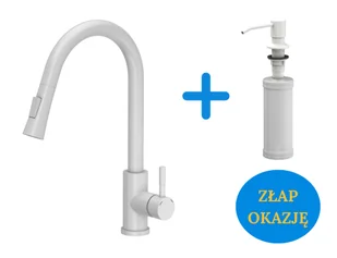 Quadron POP Bateria zlewozmywakowa stalowa JULIA SNOW WHITE z wyciąganą wylewką kolor biały mat plus dozownik okrągły do płynu KEIRA kolor snow white - Baterie kuchenne - miniaturka - grafika 1