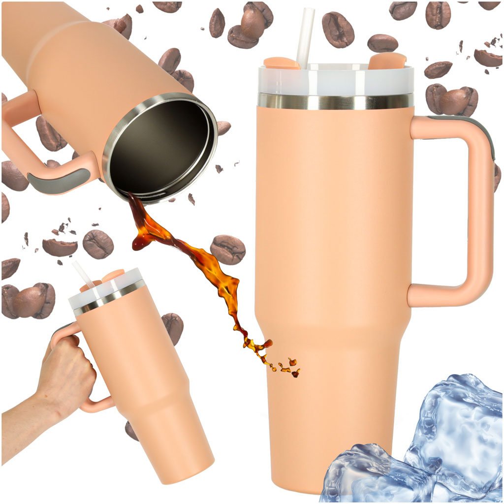 Duży Kubek Termiczny ze Słomką na Kawę Herbatę Wodę Termos 1200 ml Różowy