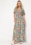 Sukienki - Zielona Sukienka z Wiskozy z Ozdobnymi Marszczeniami i Gumką w Pasie z Rozcięciem na Dole Fierasa - miniaturka - grafika 1