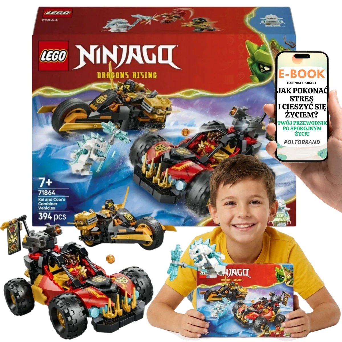 LEGO Ninjago Łazik i Motocykl Kaia i Cole'a z 3 Minifigurkami Prezent Dla Dziecka 71864