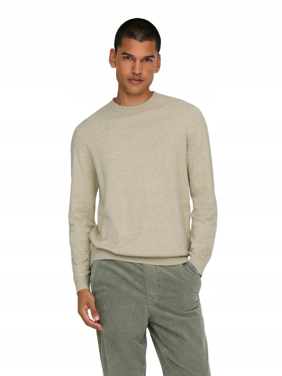 ONLY SONS BEŻOWY SWETER MĘSKI Z OKRĄGŁYM DEKOLTEM GŁADKI M 6BA
