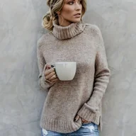 Swetry damskie - TEMU Sweter z Wysokim Kołnierzem dla Kobiet - Sweter z Długimi Rękawami i Asymetrycznym Dołem Przodu & Tyłu, Eleganckie Topki od Biura do Imprezy na - miniaturka - grafika 1