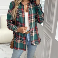 Koszule damskie - TEMU Damska Kurtka w Kratę Oversize - Zielono-Czerwono-Czarno-Biała Marynarka z Kołnierzem w Kratę, Długi Rękaw z Guzikami i Kieszenią, Na Każdą Porę - miniaturka - grafika 1