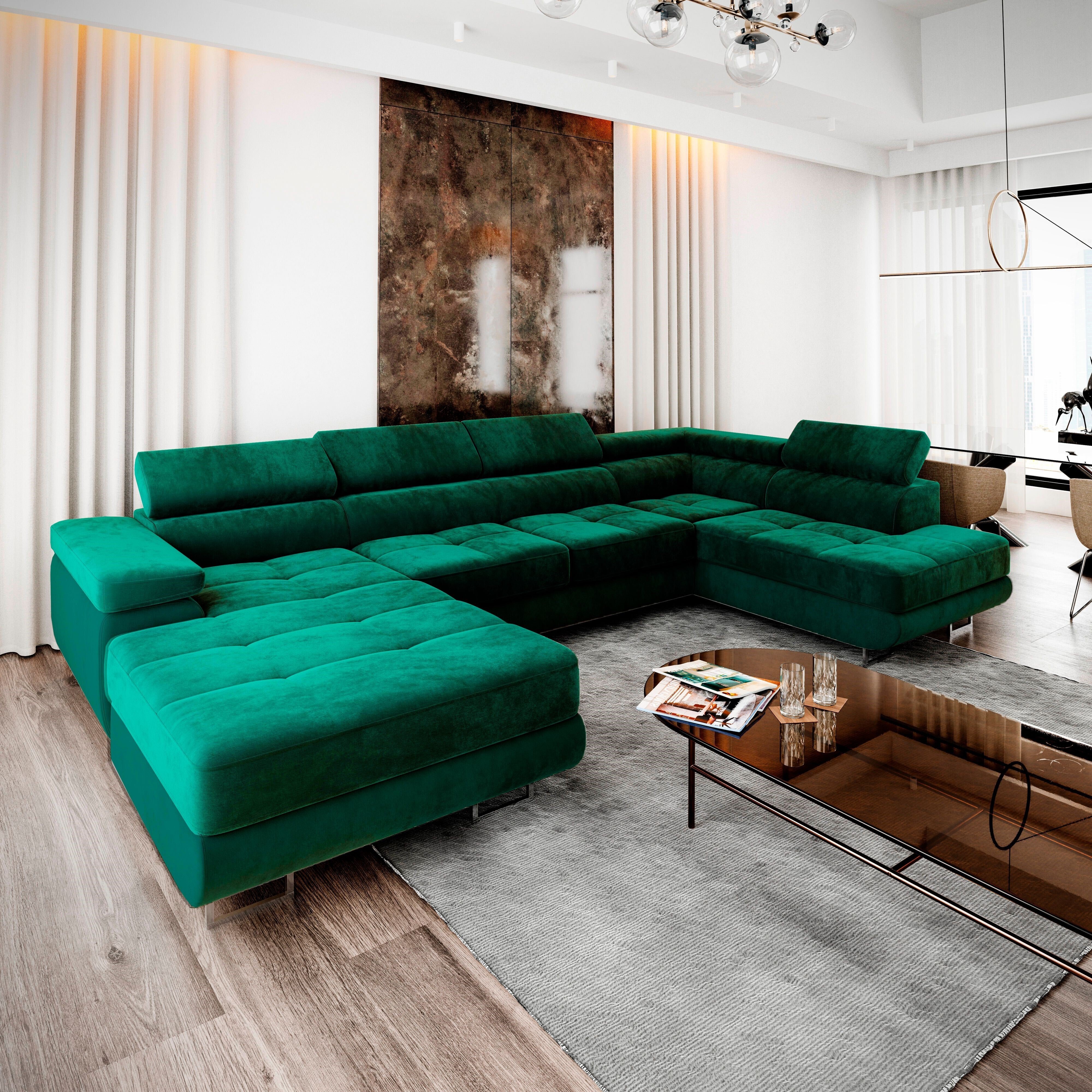 Masseno Narożnik CASONE R-S z funkcją spania i pojemnikiem na pościel Kształt U, Rozkładana sofa, Rogówka - Butelkowa zieleń, MONOLITH 37