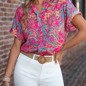 Inne - TEMU Elegancka bluzka z wycięciem w kształcie litery V i wzorem paisley dla kobiet, 100% poliestru, lekka, koszulka, idealna na wiosnę/leto - miniaturka - grafika 1