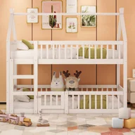 Łóżka dla dzieci i młodzieży - Łóżko piętrowe 90x200cm - lite drewno - ze schodami - białe - miniaturka - grafika 1