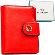 Portfele - Portfel damski czerwony ROVICKY mały na zatrzask i suwak pionowy rozbudowany na karty i dokumenty elegancki ochrona RFID - miniaturka - grafika 1