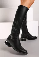 Kozaki damskie - Czarne Kozaki na Słupku Ozdobione Metaliczną Aplikacją Asfila - miniaturka - grafika 1