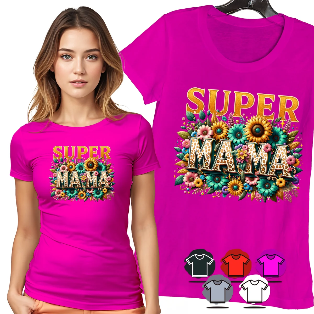 KOSZULKA DAMSKA T-SHIRT - SUPER MAMA SŁONECZNIKI ZŁOTE KWIATY WZÓR - S
