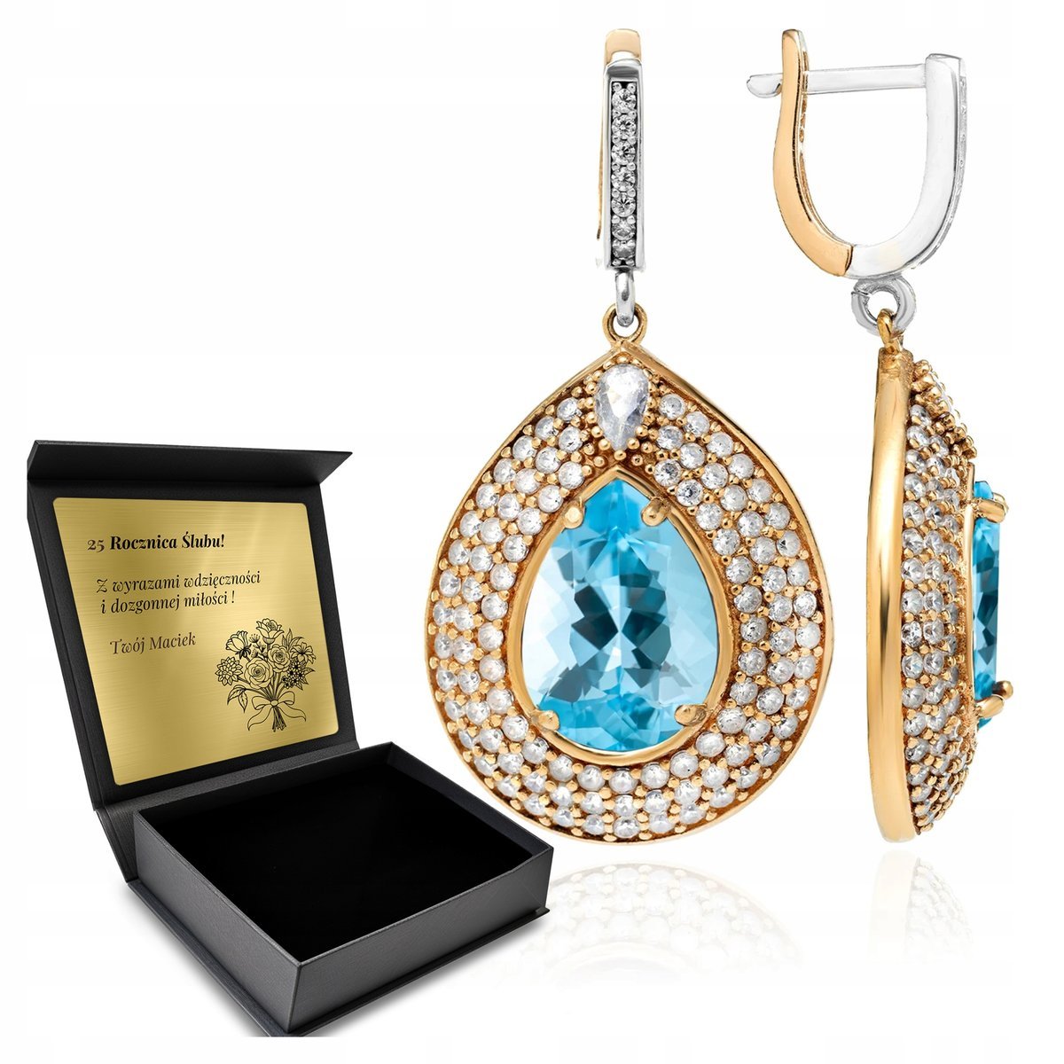 Kolczyki Srebrne 925 Cyrkonie I Topaz Biżuteria Dla Kobiety + Grawer