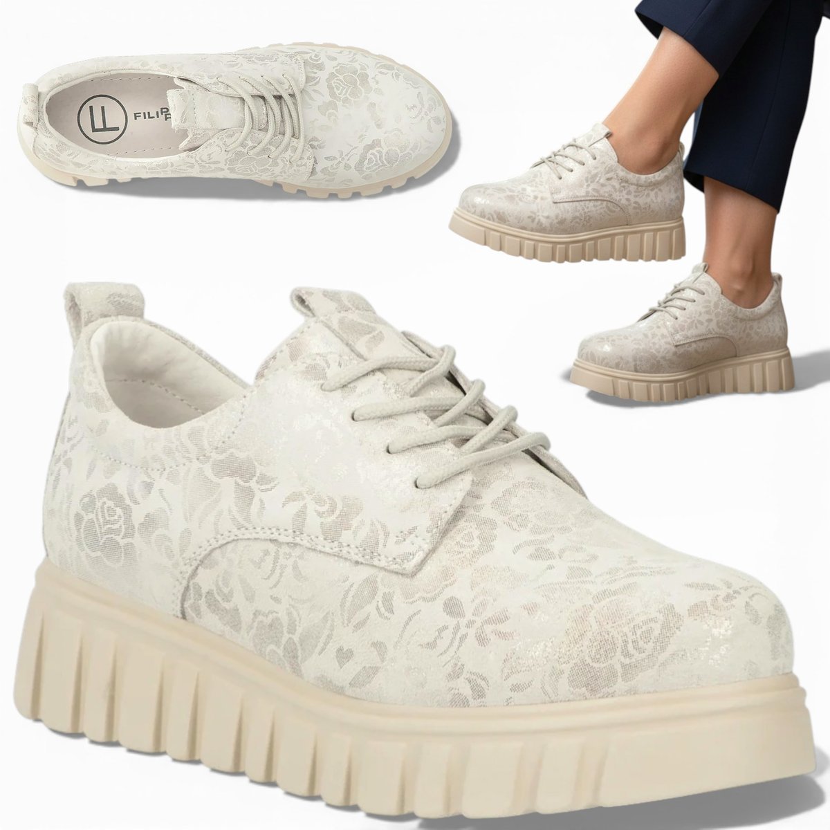 Sneakersy Damskie SKÓRZANE FILIPPO Wiosenne Modne Srebrne Na Platformie 39