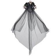 Stroje karnawałowe - Welon Czarny Z Czaszkami I Różami Halloween - miniaturka - grafika 1