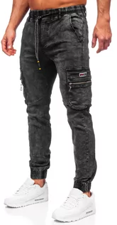 Spodnie męskie - Czarne spodnie jeansowe joggery bojówki męskie Denley TF109 - grafika 1