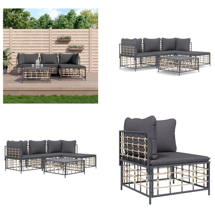 vidaXL 4-częściowy zestaw wypoczynkowy do ogrodu z poduszkami antracytowy rattan - Zestaw wypoczynkowy do ogrodu - Zestawy wypoczynkowe do ogrodu - Zestaw wypoczynkowy - Meble ogrodowe