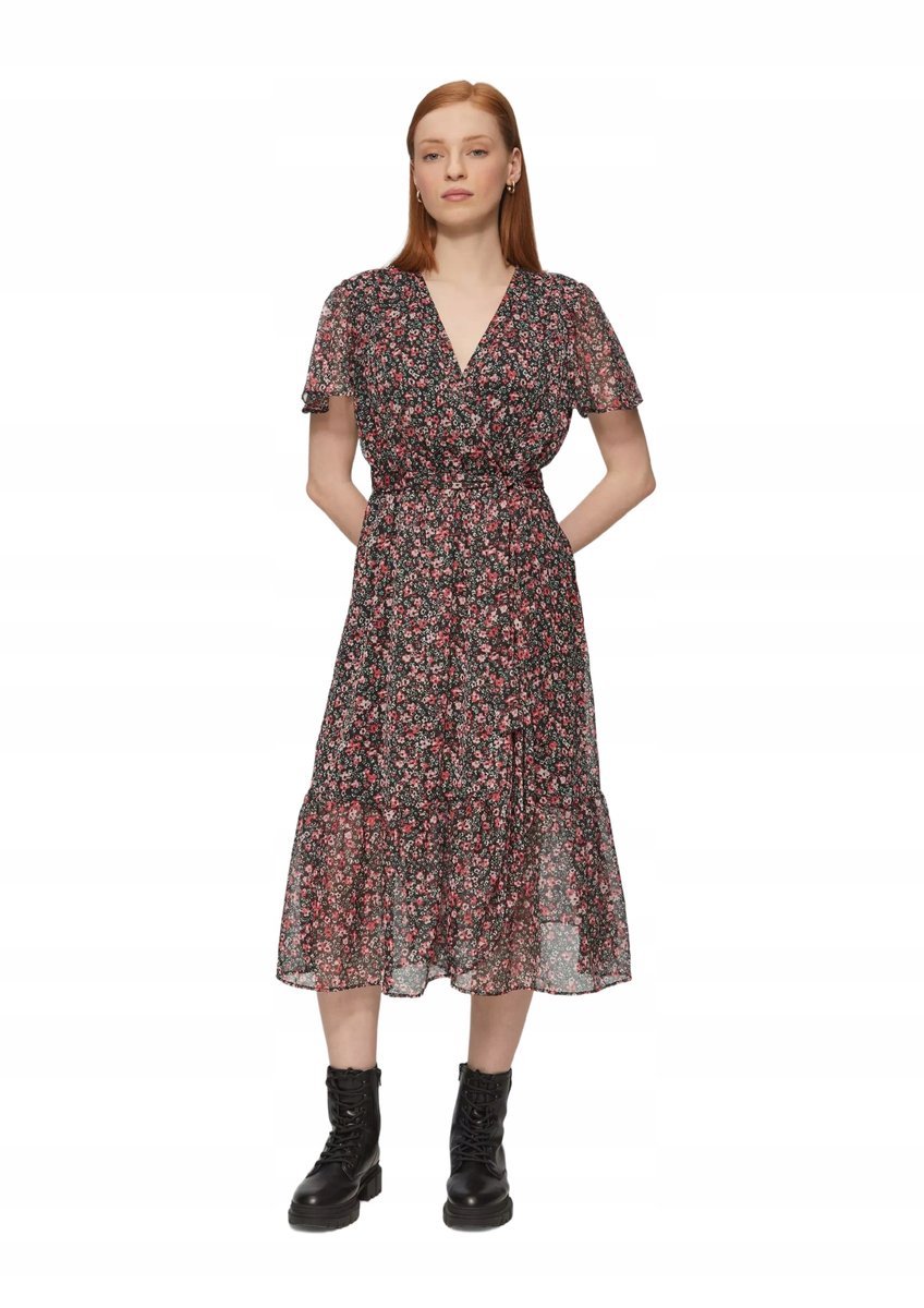 QS CZARNA SUKIENKA MIDI W KWIATY Z BUFIASTYMI RĘKAWAMI 38 6BA