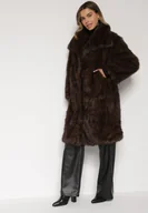 Płaszcze damskie - Brązowy Jednorzędowy Płaszcz Futro z Szerokim Kołnierzem Wedinalia - miniaturka - grafika 1