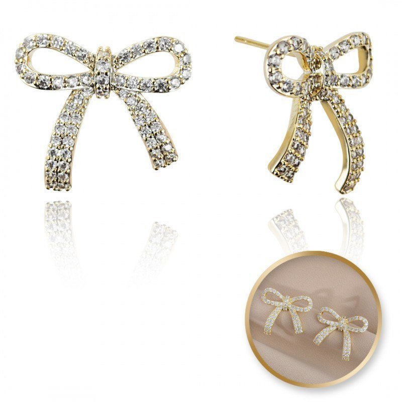 Kolczyki Kokardki Ze Stali Szlachetnej Pozłacanej 14K Złotem Z Cyrkoniami Kst3329