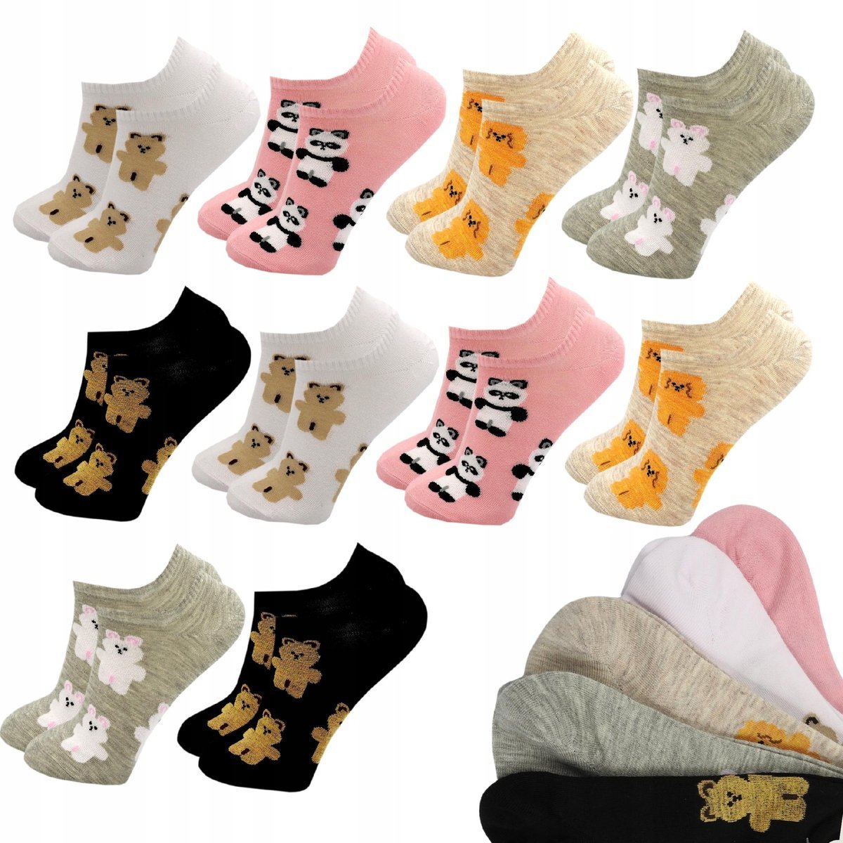 10 X Stopki Damskie Krótkie Skarpetki Kolorowe Wzory Bawełniane 36/38