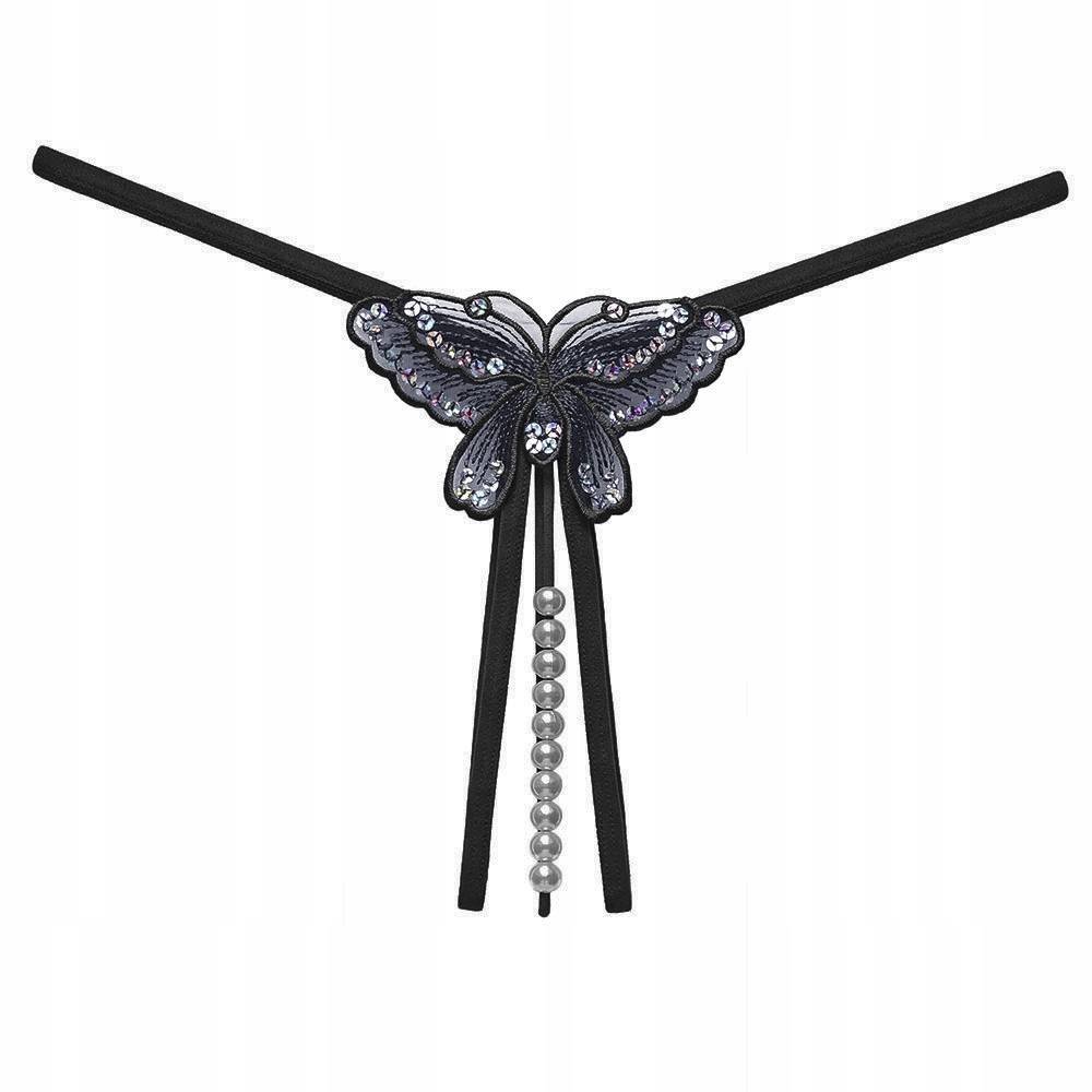 Stringi paseczki czarne majtki haft motyl - S/M