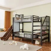 Łóżka dla dzieci i młodzieży - Łóżka piętrowe 2 x 90 x 200 cm ze zjeżdżalnią, półkami i barierkami - MDF i metal - czarne (materace nie są dołączone) - miniaturka - grafika 1