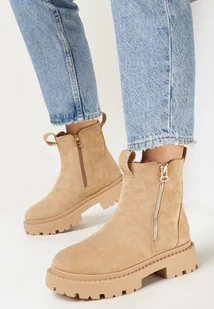 Beżowe Botki na Grubej Podeszwie z Ozdobną Tasiemką Cudre - Botki damskie - miniaturka - grafika 1