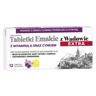 Tabletki Emskie z Wadowic Extra z witaminą A oraz cynkiem, od 6 lat, smak czarna porzeczka z cytryną, 12 tabletek do ssania - Suplementy naturalne - miniaturka - grafika 1