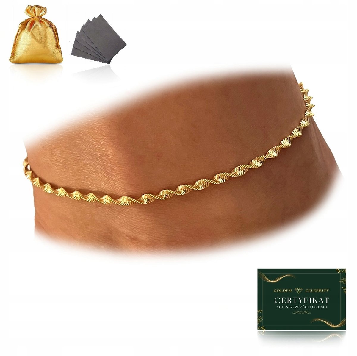 ZŁOTA BRANSOLETKA NA NOGĘ SINGAPUR PRÓBA 925 REGULOWANA SREBRNA POZŁACANA