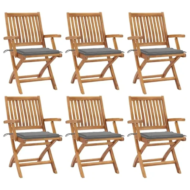 Stylowy zestaw 6 drewnianych krzeseł ogrodowych z szarymi poduszkami 56x58