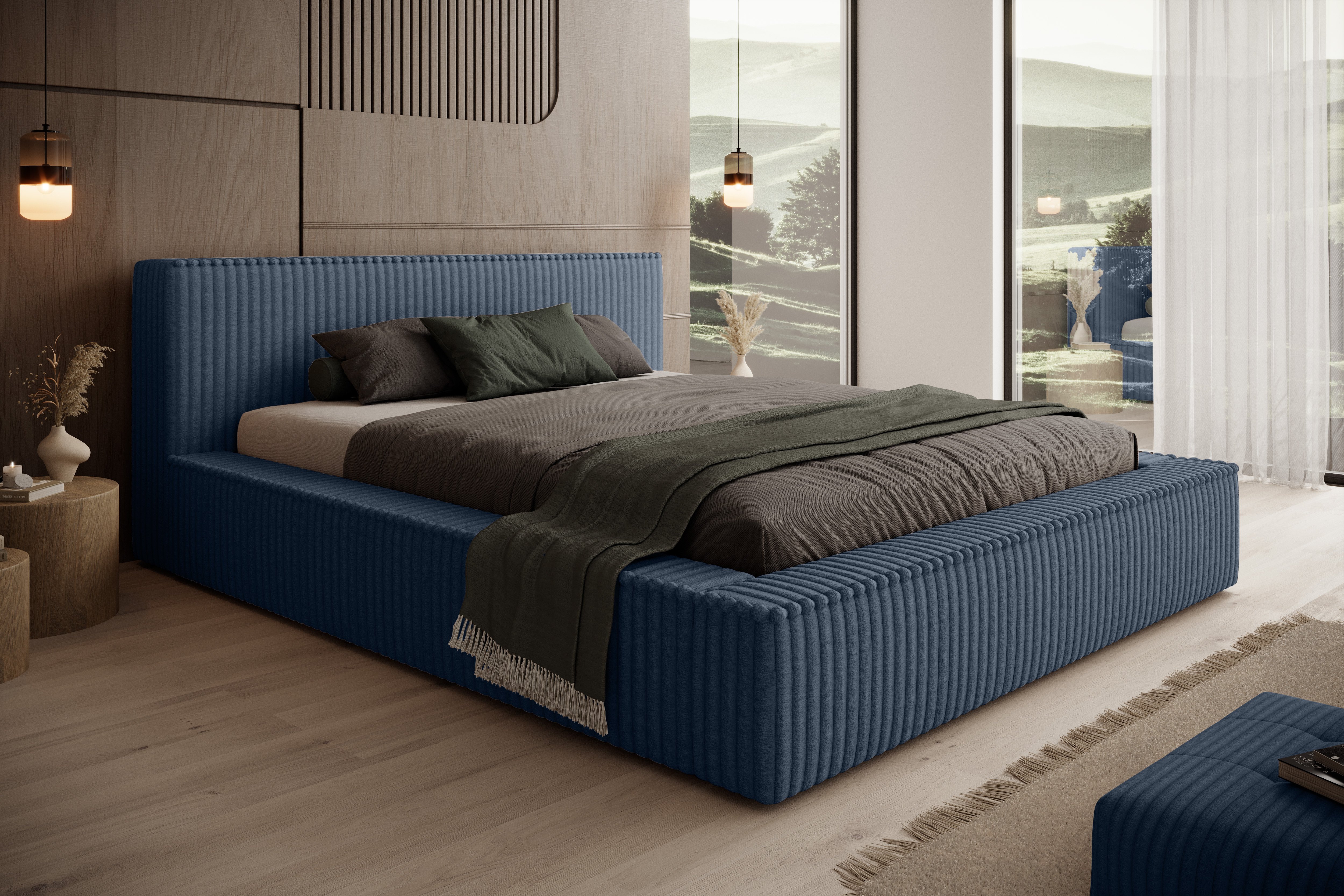 Besilio Möbel - Łóżko podwójne 200x200 Mozna - podstawa łóżka, szerokie ściany boczne, gruba tapicerka. - Blue & Tilia 77