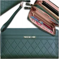 Portfele - Damski Portfel Duży Skóra Dwukomorowy Podwójny Portmonetka Suwak Zielony - miniaturka - grafika 1