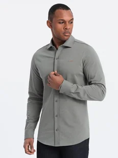 Bawełniana męska koszula REGULAR z dzianiny single jersey - jasny khaki V4 OM-SHCS-0138 - Ombre Clothing - Koszule męskie - miniaturka - grafika 1