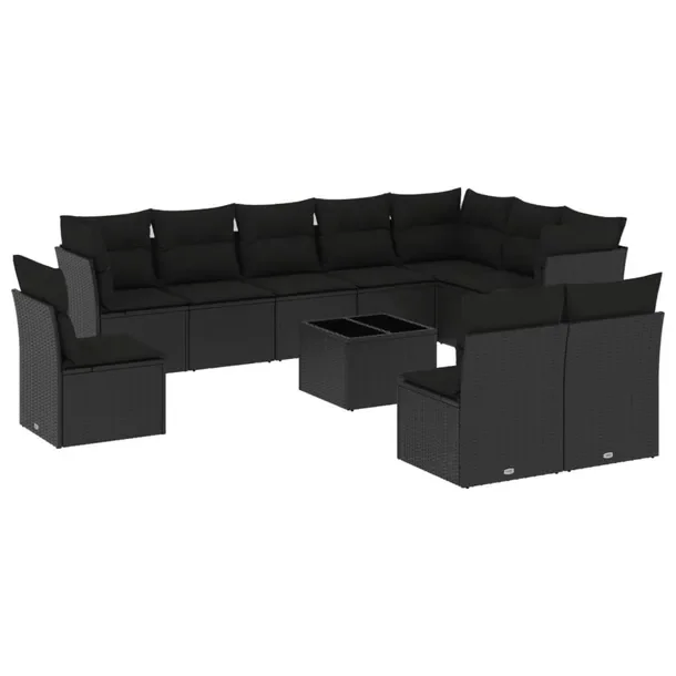 Zestaw mebli ogrodowych modułowych czarny z poduszkami, rattan PE, wymiary