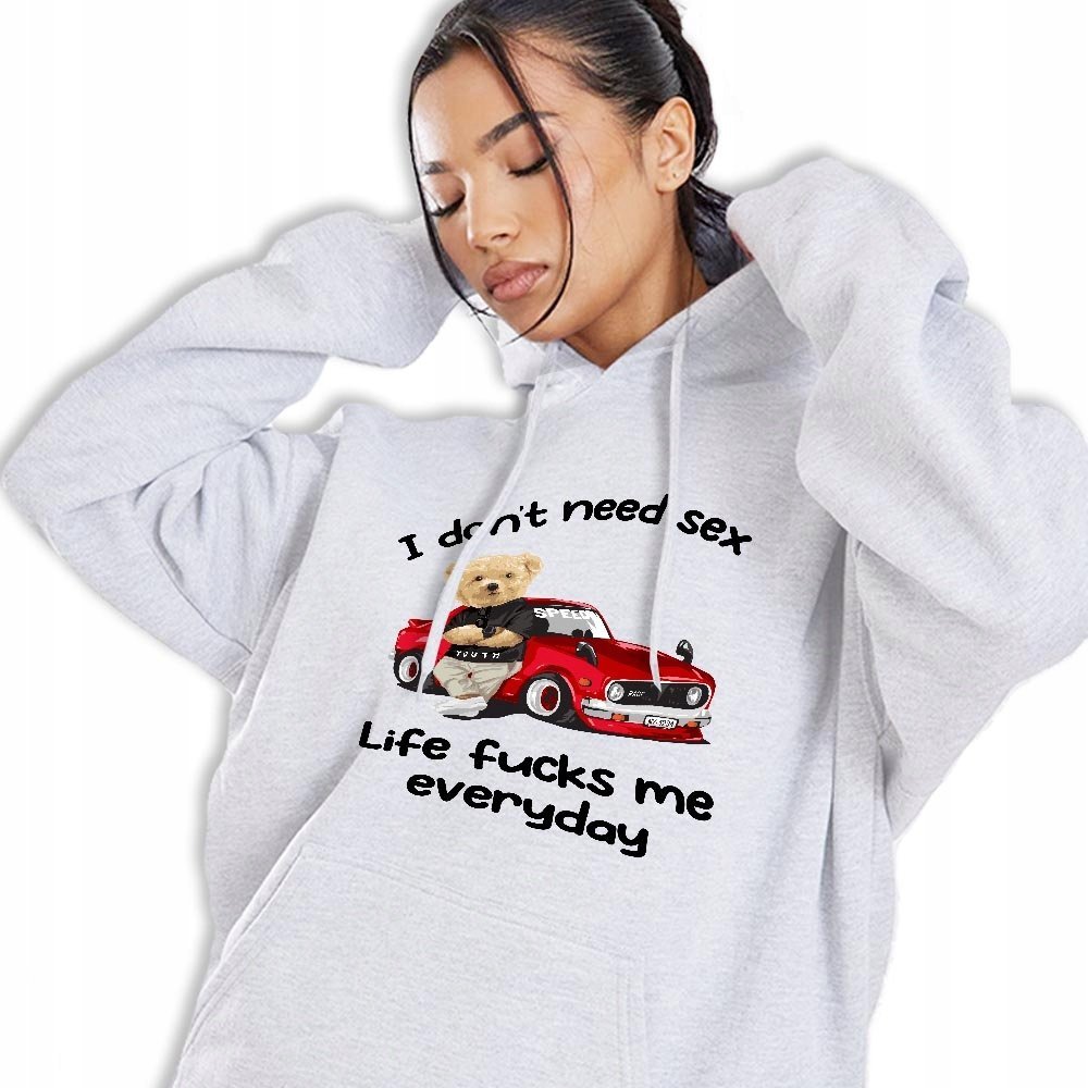 Bluza Z Kapturem Szara LIFE FUCKS ME Młodzieżowe Trendy Styl Wzory Rozm XXL