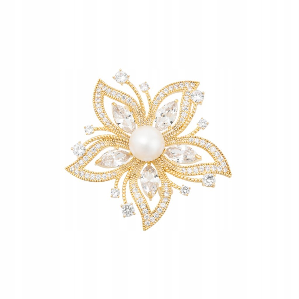 Broszka damska kwiat Pinets pozłacany perła i cyrkonie elegancka ozdoba