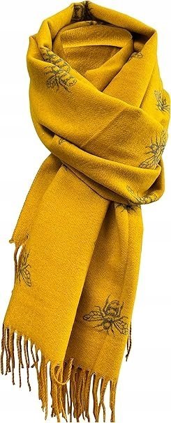 SZAL DAMSKI CIEPŁY DWUSTRONNY ochra-szary Miękki szalik zimowy z frędzlami