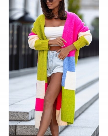 Długi Kardigan Sweter Royal Color Block Wełna Maxi Polski Kieszenie