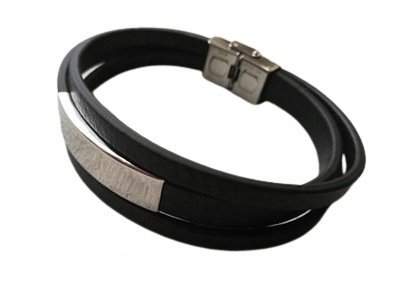 Prosta Skórzana Czarna Bransoletka Męska Stal Regu