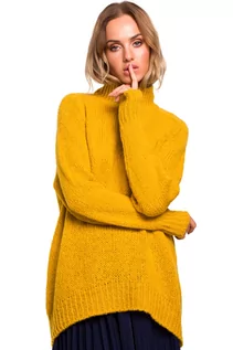 Swetry damskie - M468 Sweter półgolf z asymetrycznym dołem - miodowy (kolor miodowy, rozmiar L/XL) - grafika 1