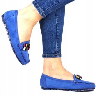 DAMSKIE NIEBIESKIE MOKASYNY Z KAMIENIAMI PŁASKIE ZAMSZOWE WYGODNE MUST HAVE - Mokasyny damskie - miniaturka - grafika 1