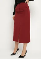 Spódnice - Bordowa Ołówkowa Spódnica z Wiskozą i Wysokim Stanem Ozdobiona Rozcięciem Semariel - miniaturka - grafika 1