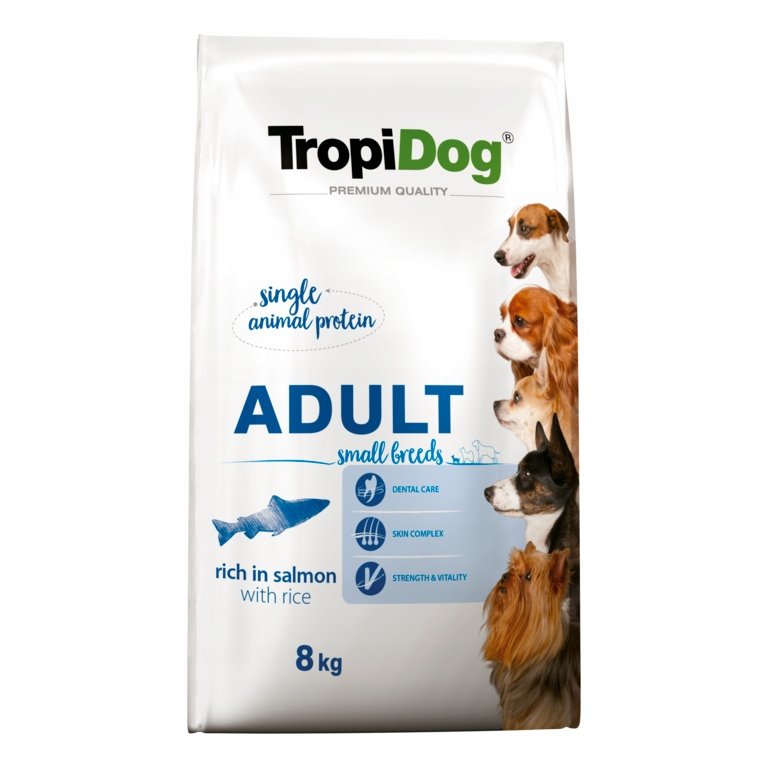 TropiDog Premium Adult SMALL BREEDS Rich in SALMON with RICE 8kg 20601-uniw