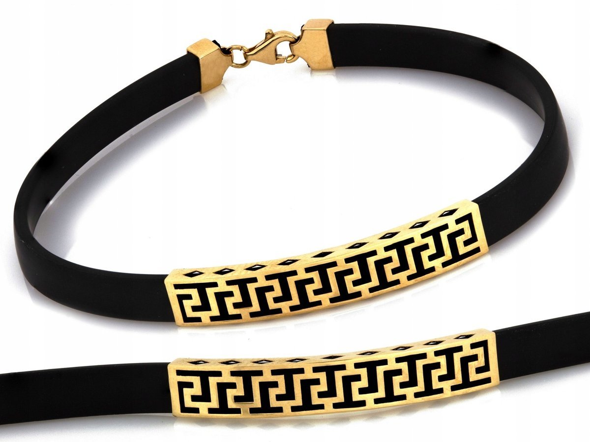 Bransoletka złota 585 z czarnym kauczukiem wzór grecki 2.25g rozmiar 20