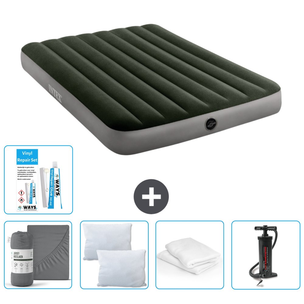 Łóżko powietrzne Intex - Łóżko podwójne - 137 x 191 x 25 cm - Zielony - W zestawie Prześcieradło - Całowanie - Pompka - Zestaw naprawczy en Ochraniacz na poduszkę