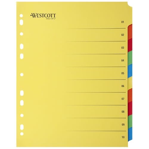 Westcott E-1733313 00 segregator na plastikowe portfele A4, bardzo szerokie arkusze do segregatorów A4, 10 kolorowych zakładek jako organizer na foldery, wytrzymały 230 g/m² z euro dziurkowaniem