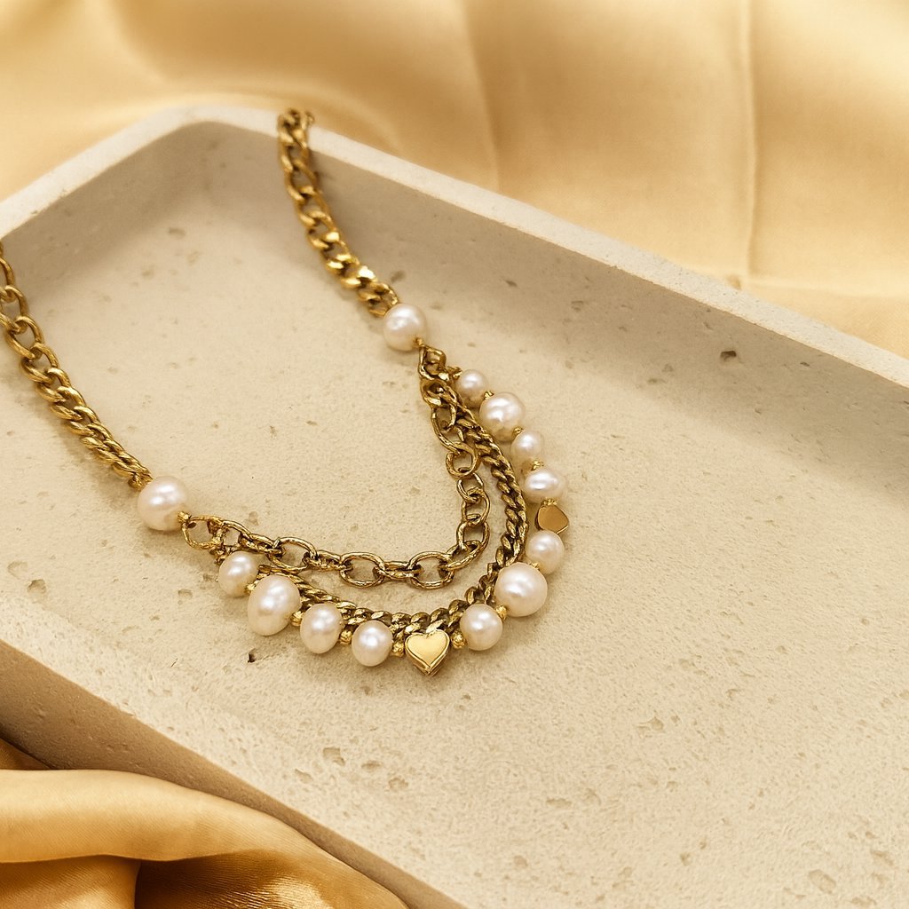 Naszyjnik Pearl Heart Złoty Naszyjnik Perły Naturalne Serce Stal PVD 316L 3w1 Warstwowy Prezent