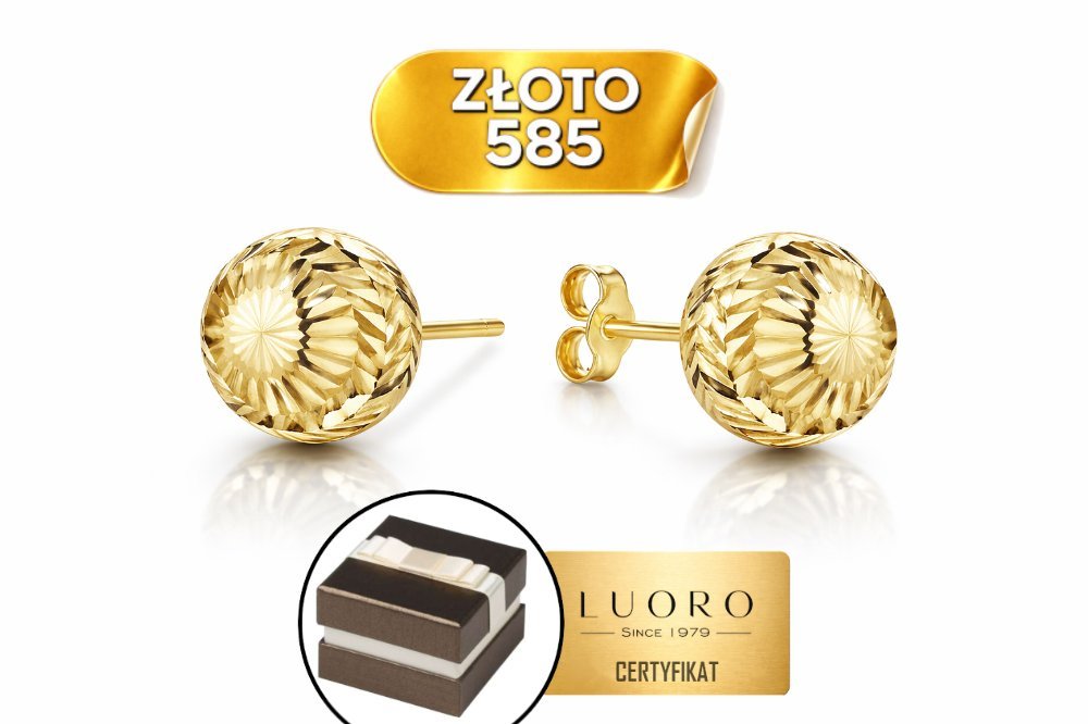 KOLCZYKI ZŁOTE 585 14K DIAMENTOWANE KULKI 10 MM SZTYFT ELEGANCKIE