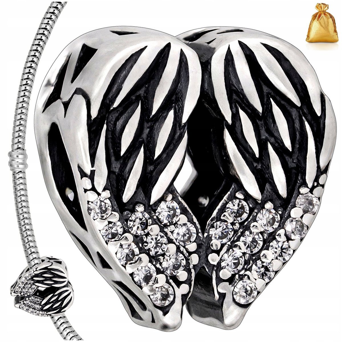 Srebrny Charms Zawieszka Skrzydła Z Cyrkoniami Srebro Próba 925 Rodowany