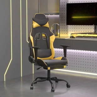 vidaXL Fotel gamingowy z podnóżkiem z czarnej i złotej sztucznej skóry - Fotel gamingowy - Krzesła gamingowe - Fotel biurowy - Krzesło - Fotele gamingowe - miniaturka - grafika 1